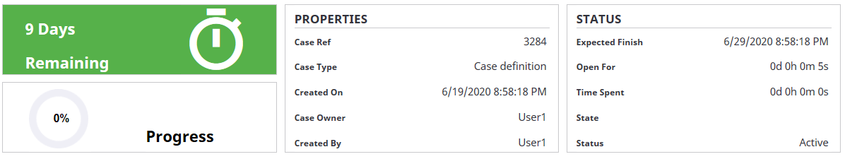 Current state of selected case or job Current state of selected case or job
